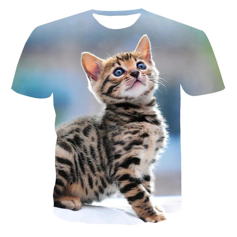 Summer Round Neck 3D Cute Cat Pattern Printed Top Fashionable Casual Short Sleeved Children's Boy T-shirts