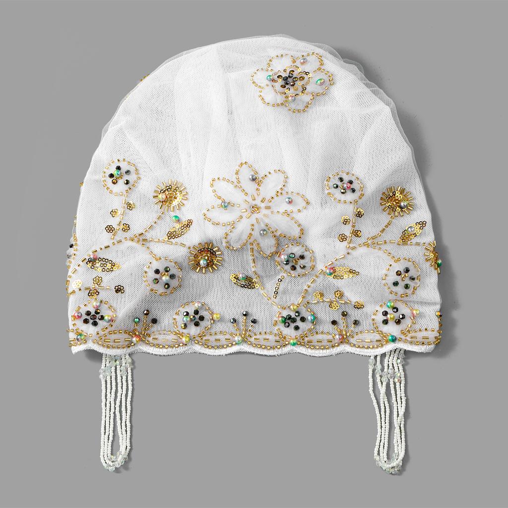 Muslim Lace Pearls Hat Caps Mesh Fabric Bead Tube Paired With An Acrylic Diamond Thread Embroidered Hat For Dubai Arabian Women