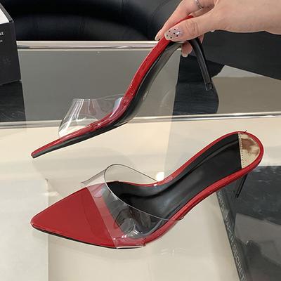 Liyke Transparente PVC Pantoletten für Damen Sommer Mode Flache Spitzzehe Dünne Hohe Absätze Gladiator Sandalen Schuhe