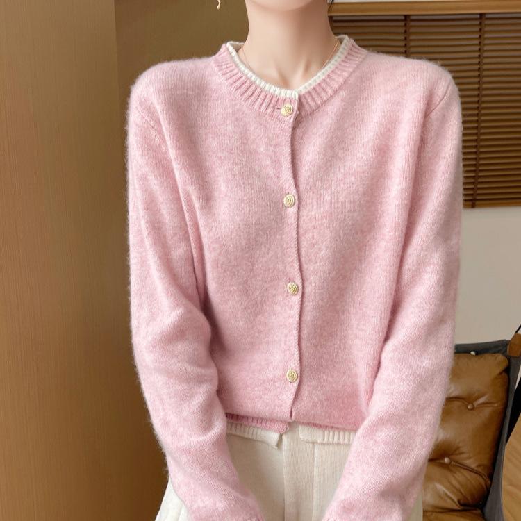 Autumn/Winter Women's Loose Fit 100% Wool Korean Style Color Block Cardigan Sweater