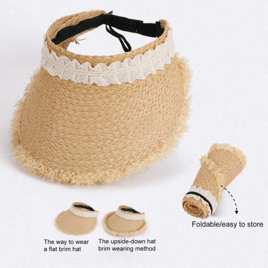 Summer Beach Hat Wide Brim Sun Protection Foldable Portable Straw Hat Tassel Lace Decoration Hollow Weave Hat