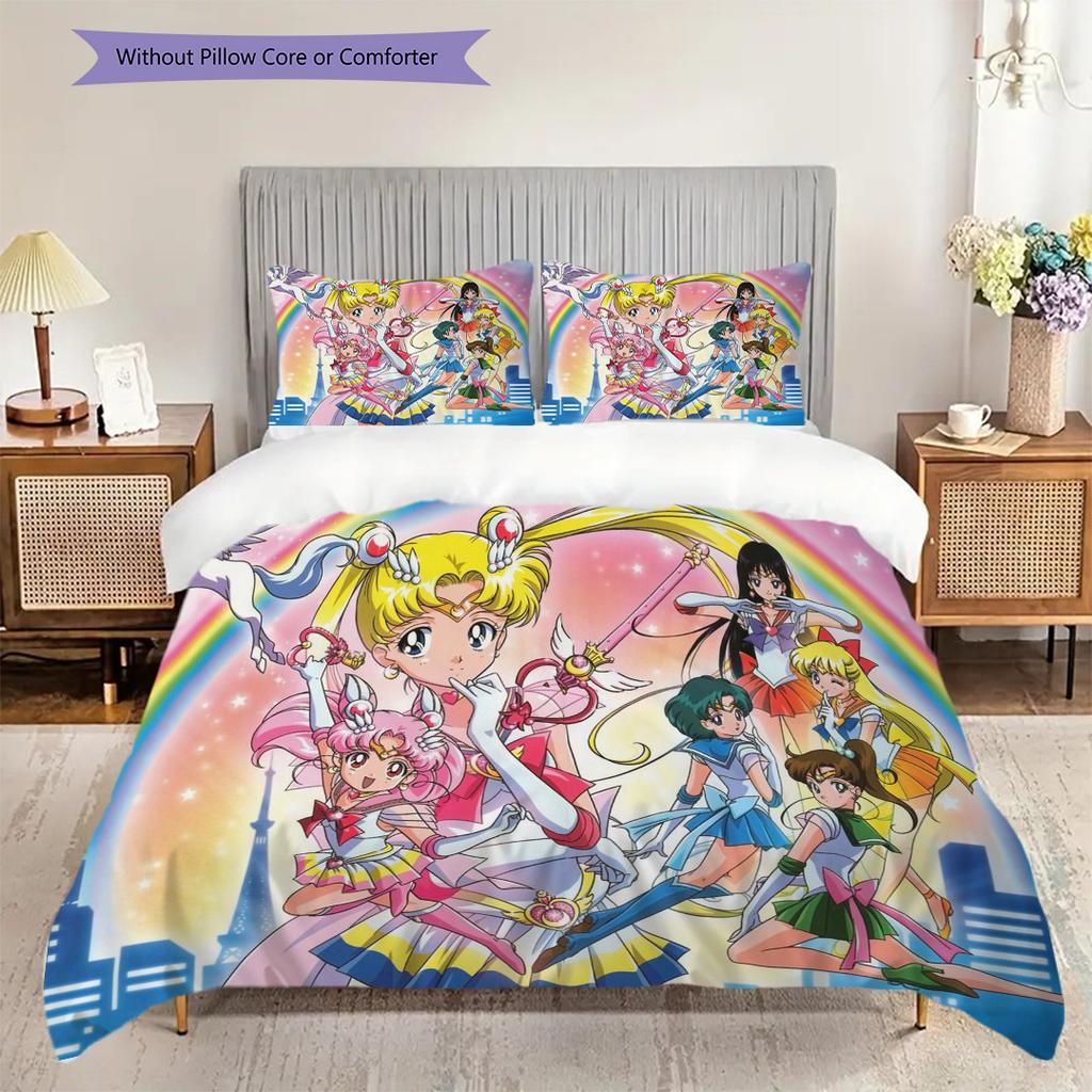 Süßes Cartoon-Thema Sailor Moon Tsukino Usagi Cartoon bequemer Heim-Bettbezug und Kissenbezug (1 * Bettbezug + 2 * Kissenbezug, ohne Füllung)A2