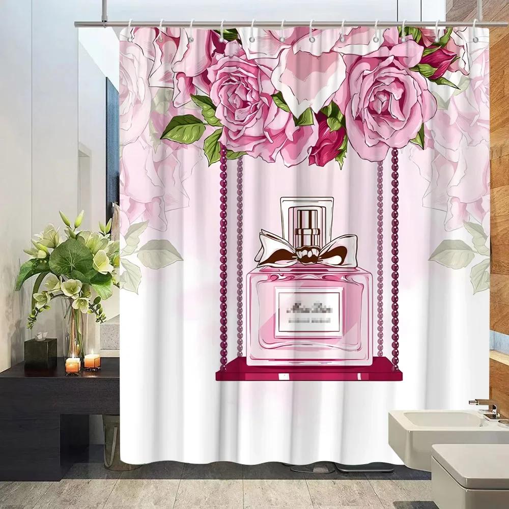 Cosmetic Perfume and Floral Shower Curtain and Rug Bathroom Set Flowers Heels Lipstick Home Cloth Hanging Curtain Bathroom Decor