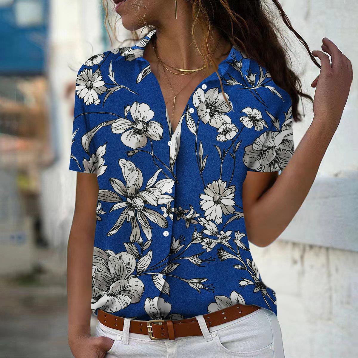 

2025 Summer New Fashion Women s Flower Printed Short Sleeve V-neck Casual Button-down Shirt Top XS синій