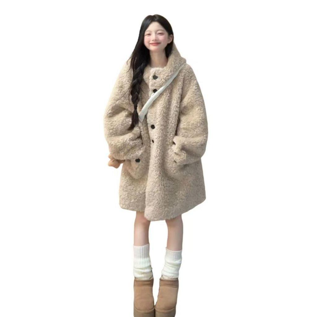 Lamb Wool Hooded Thick Coat with Fur Trim - 2025 Korean Style Mid-Length Fluff.