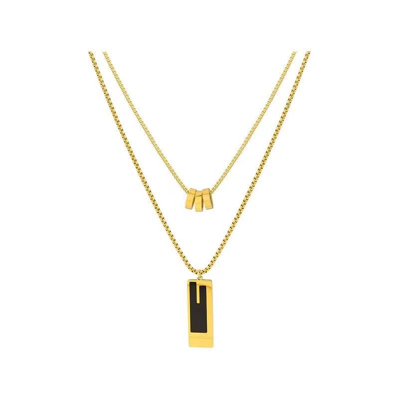 Fashionable and Simple Double Layered Square Brand Pendant Necklace Versatile Double Layer Sweater Chain Clavicle Chain Women