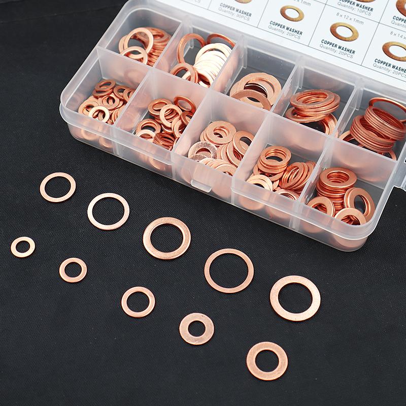 200pcs Copper Washer Gasket Nut & Bolt Set - Perfect For Sump Plugs - Includes Box & Assorted Sizes (M5/M6/M8/M10/M12/M14)