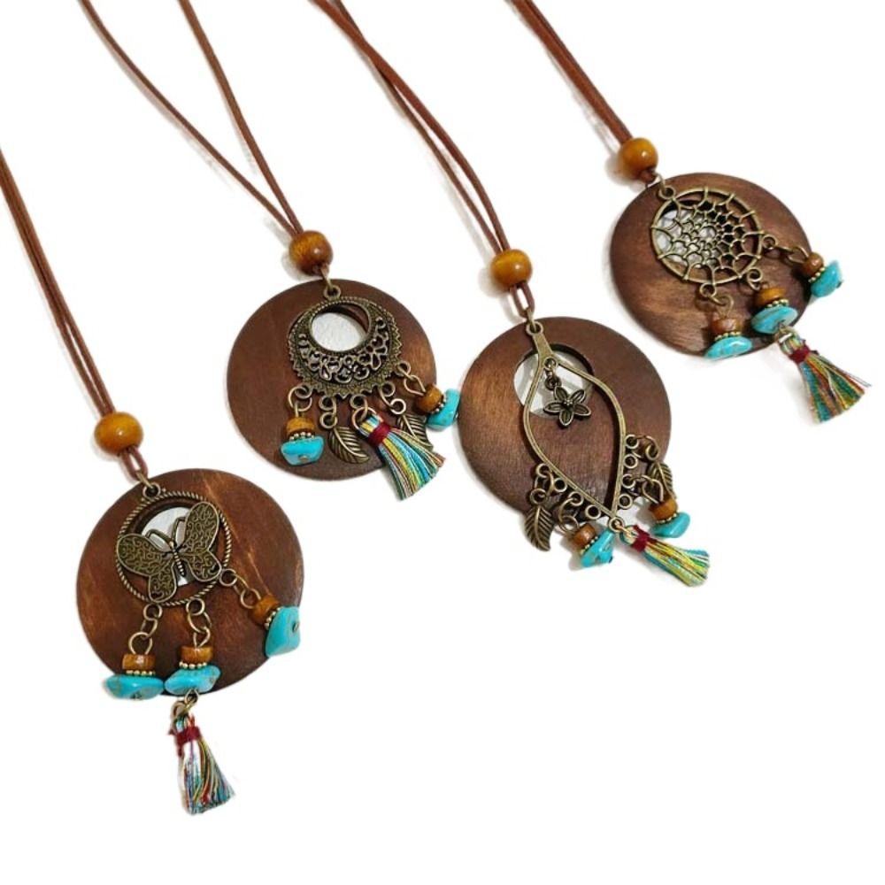 Round Sweater Chain Wooden Necklace Female Jewelry Vintage Leather Lanyard