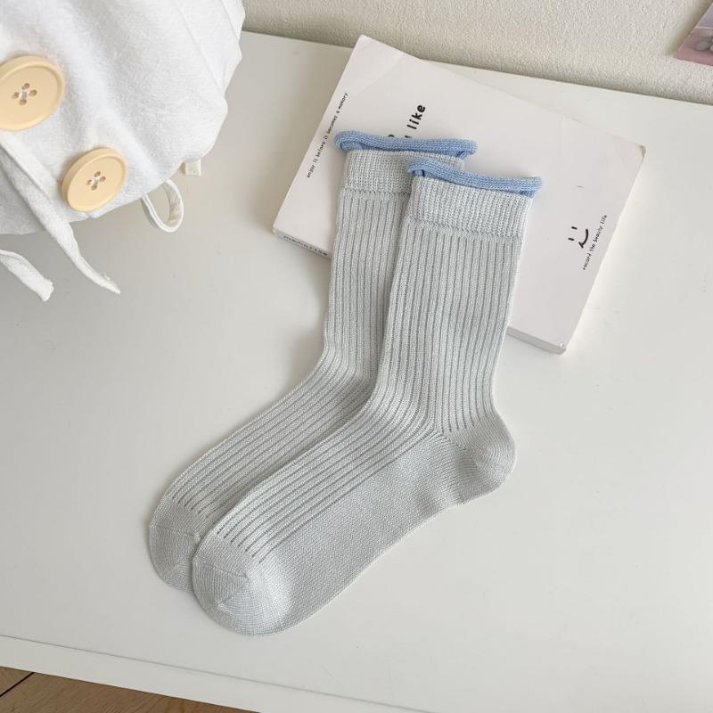Thin Solid Color Vertical Striped Stack Socks, Breathable Mesh Double-layer Socks, Mouth Tube Women's Socks with Sweet Curled Edges
