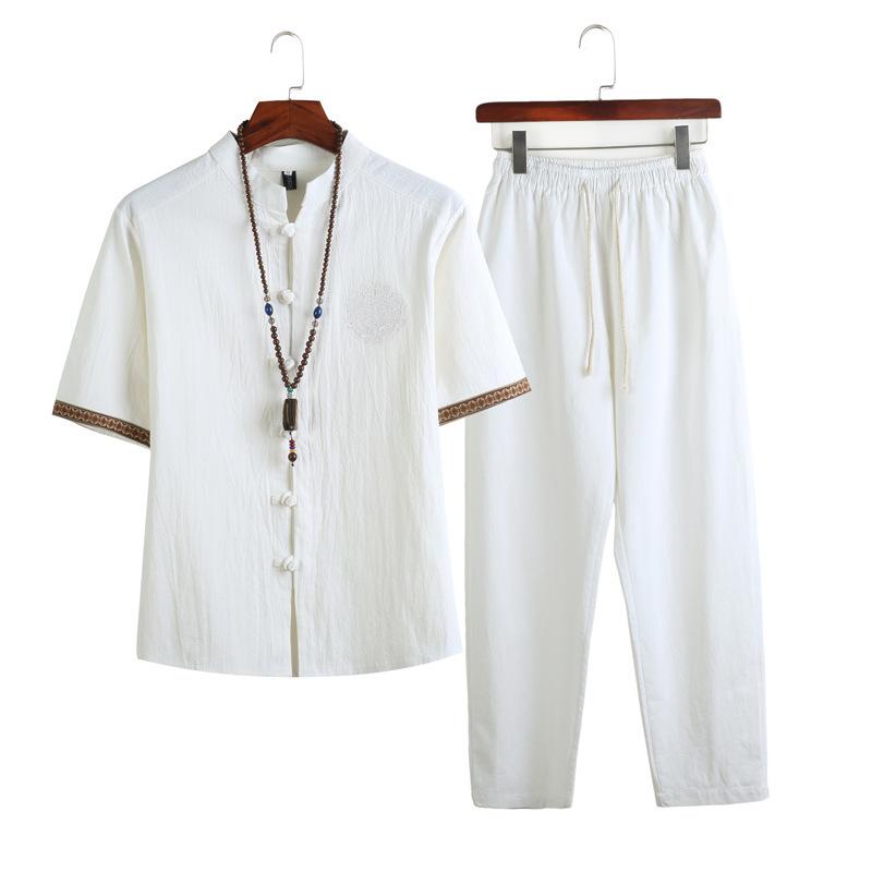 Chinese Style Summer Cotton and Linen Shirt Suit Men's Retro Button Embroidered Linen Short-sleeved Shirt and Trousers Two-piece Set