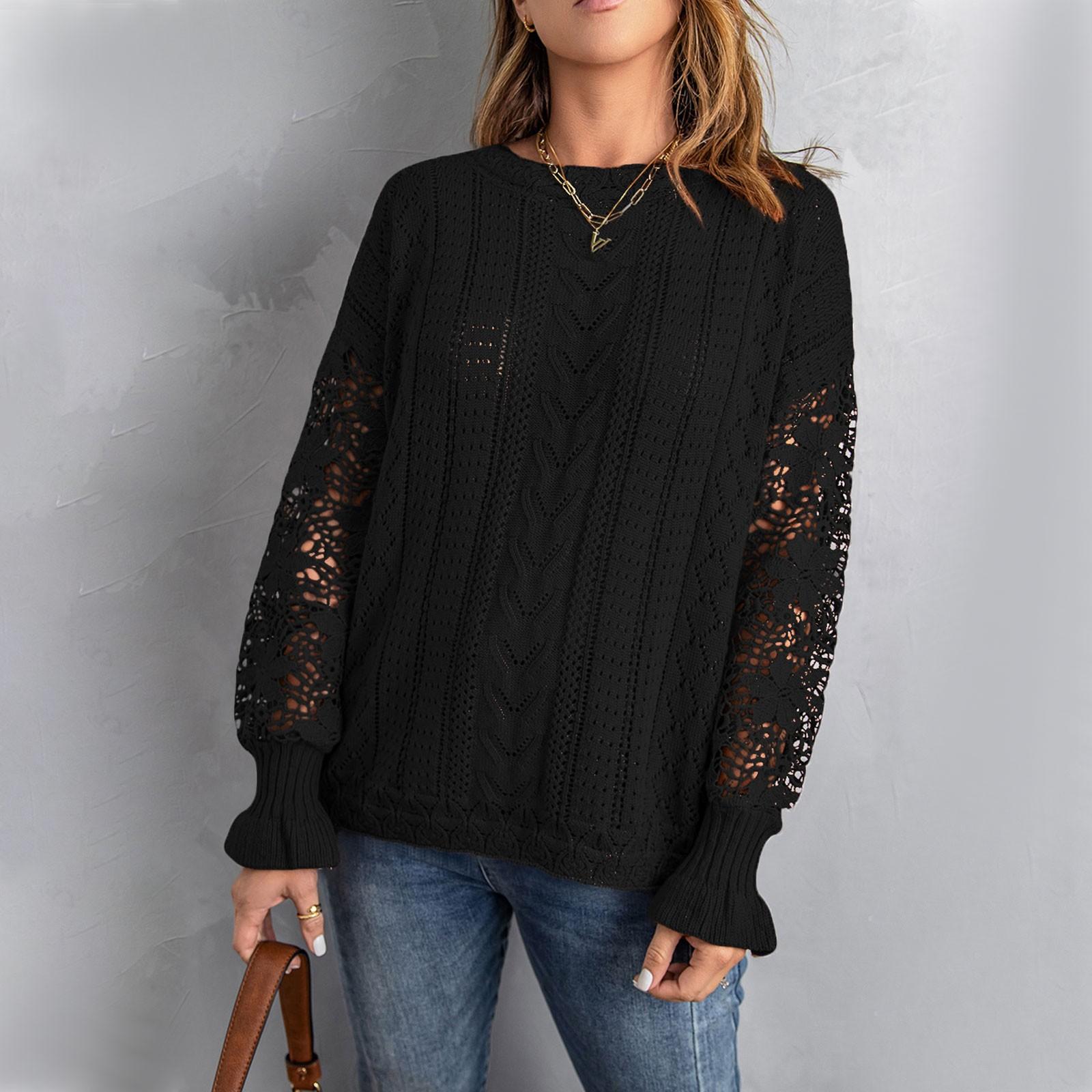 

Женские кружевные вязаные крючком ажурные свитера, однотонные пуловеры с круглым вырезом и длинными рукавами, свитера, топы M чёрный