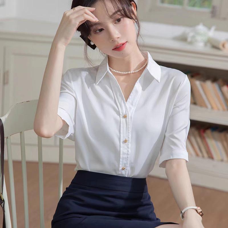 Women's Blue V-Neck Short Sleeve Professional Shirt for Interviews and Workwear