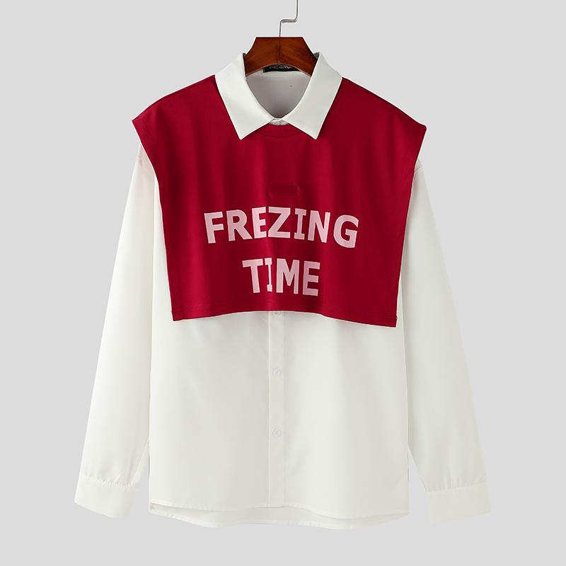 

INCERUN Мужские рубашки с воротником-лацканом и длинным рукавом с принтом и слоями в стиле пэчворк, повседневные топы с пуговицами 5XL вино красного