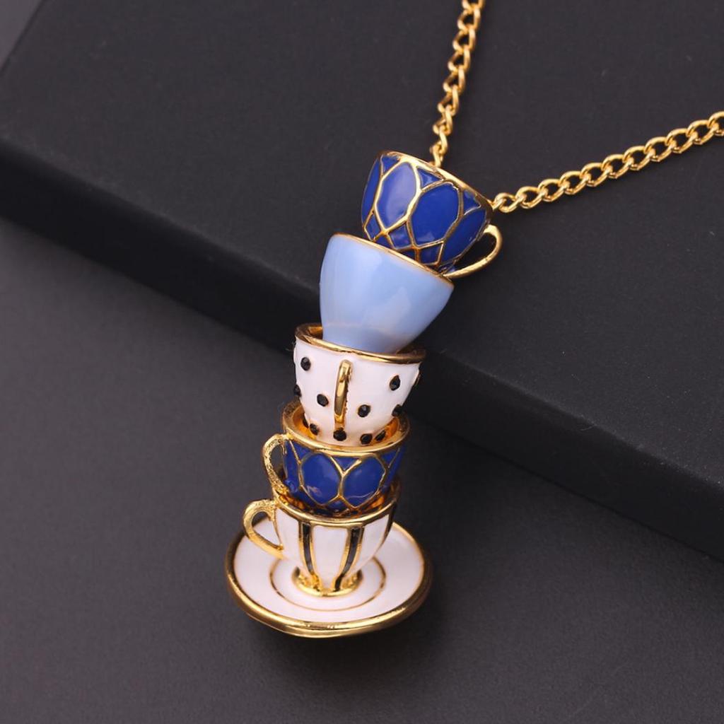 Women Fashion Hand Painted Enamel Teacup Pendant Necklace Long Chain Jewelry