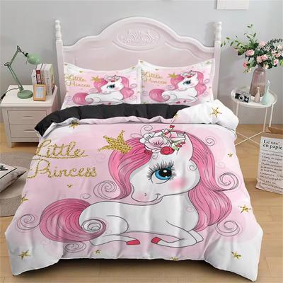 Kinderbettwäsche-Sets, Geschenke, Bettbezug-Sets mit Einhorn- und buntem Pferdedruck für Kinder, Mädchen und Jungen, 2/3-teilig, einzelne rosa Steppdecken