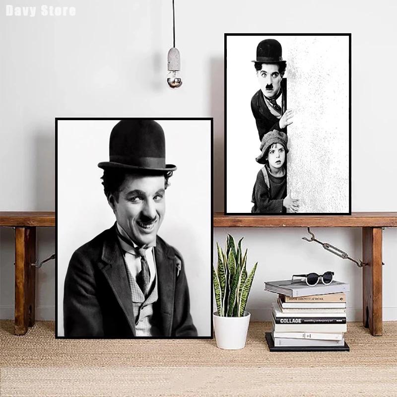 Černobílý komediální mistr Charlie Chaplin a Chlapec Filmové plakáty Plátno Tištěný obraz Nástěnné umění Obrázky Pokoj Domácí dekorace