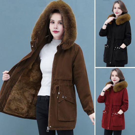 

Зимняя женская хлопковая куртка с меховым капюшоном и двойными карманами, затягивающимся шнурком на талии, средней длины, застегивающаяся на молнию, однотонная ветрозащитная верхняя одежда, парка M хаки