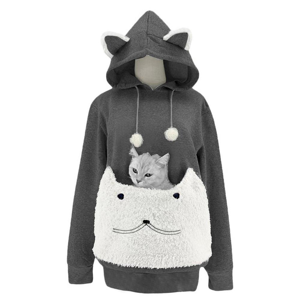 Женская модная вышитая одежда Pet Big Pocket Cat Ear Hooded Sweatshirt L темно-серого
