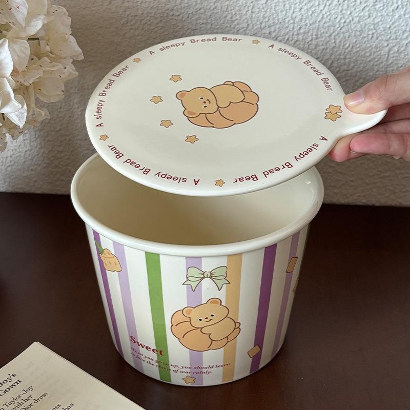 Cartoon Bear Cute Instant Noodle Bucket Household Storage Tank Large Capacity Ceramic Bowl Soup Bowl High Value Student Instant Noodle Bowl