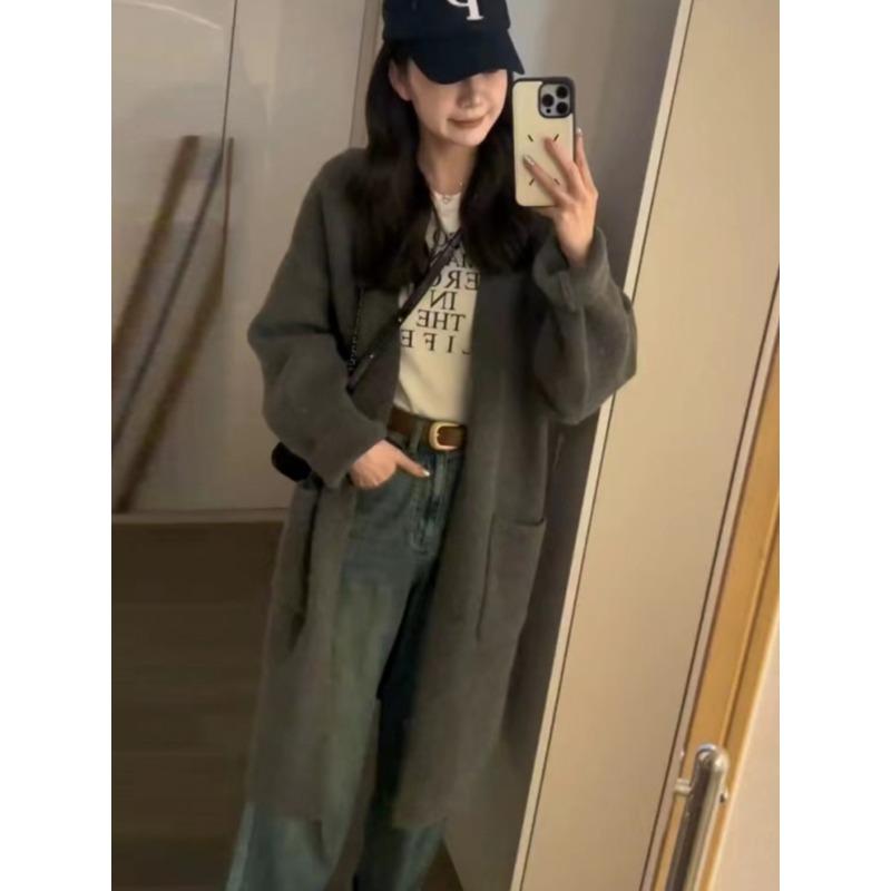 

Осень новый серый средней длины вязаный свитер-жакет женский свободный и ленивый темперамент универсальный вязаный кардиган one size fits all серый