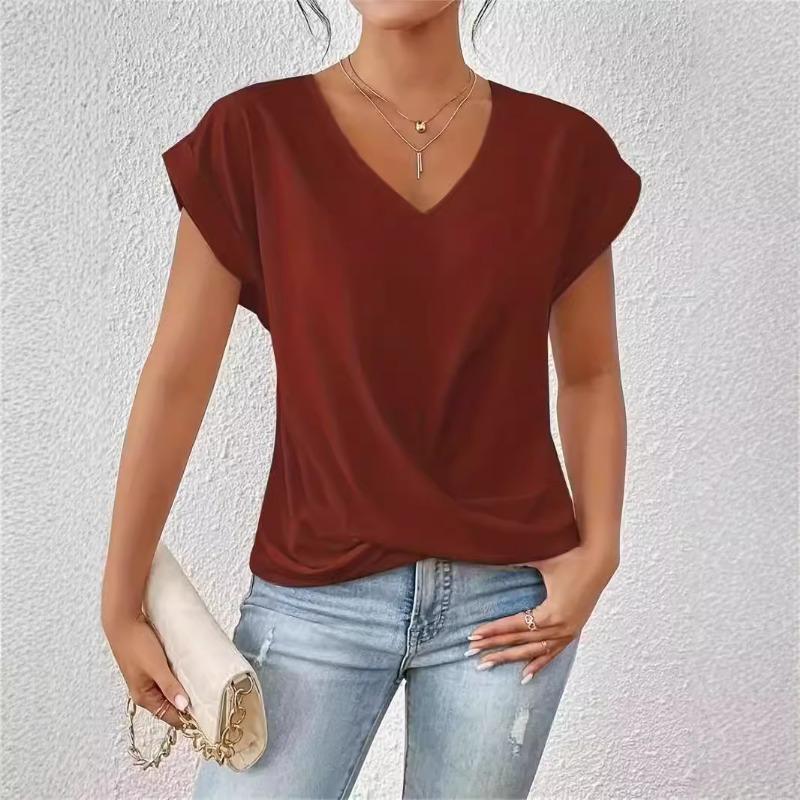 Summer Hot Item Solid Color V-neck Short Sleeved T-shirt for Women Elegant Pullover Top Shirt