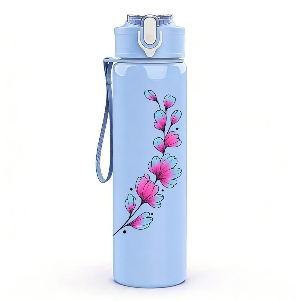 1PC Purple Lavender Branch Print 750ml Color Plastic Sports Water Bottle Leakproof Flip Straw Lid Suitable for Sports Office Home Use