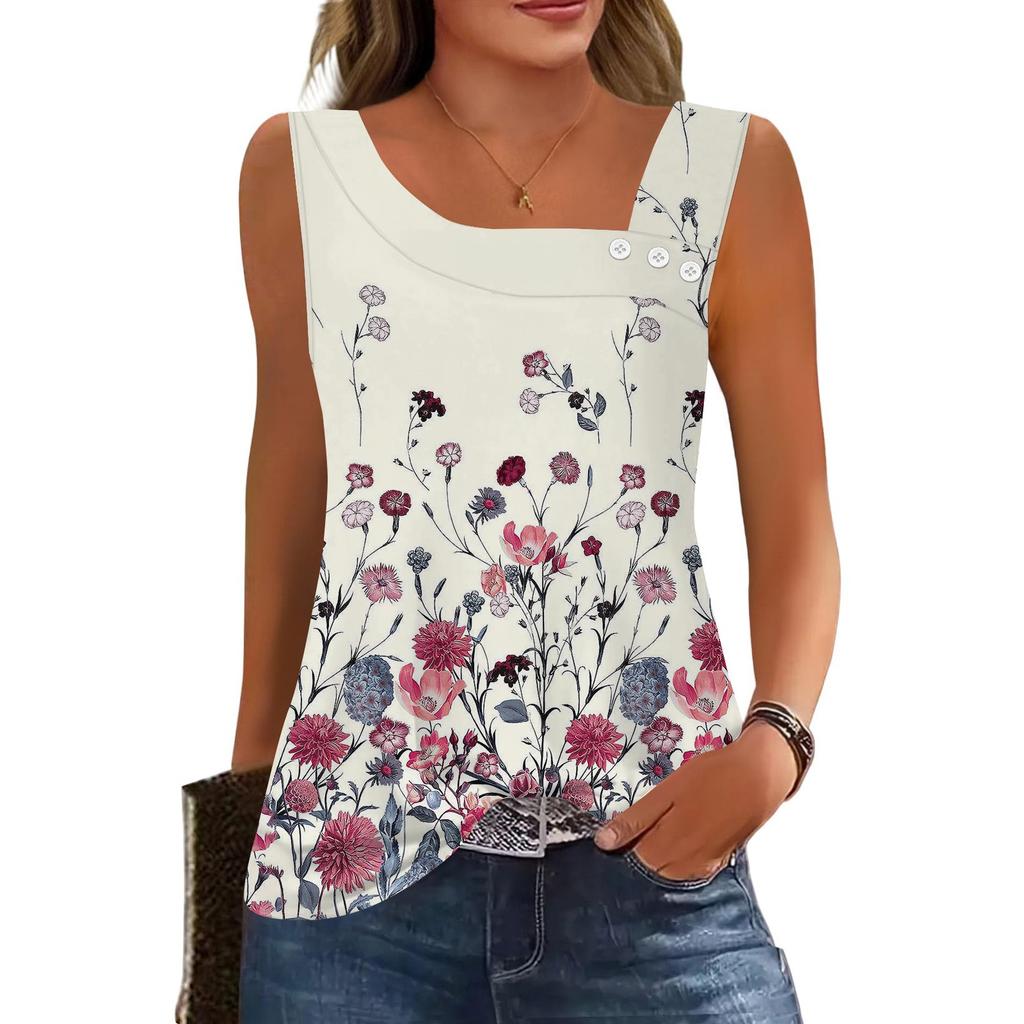 Womens Summer Tank Tops Square Neck Sleeveless Buttons Casual Dressy Tunics Basic Business Work T Shirts Blouses