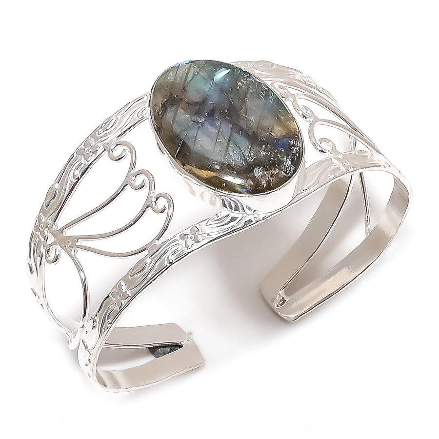 Natural Labradorite Gemstone 925 Sterling Silver Cuff Bangle Adjustable D2i01