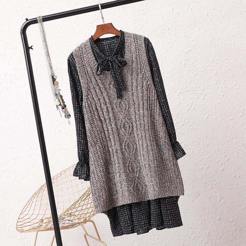 Women's V-Neck Sweater Vest & Knitted Top Set - Mid-Length, Thickened, Korean Style, Sleeveless for Autumn/Winter 2024