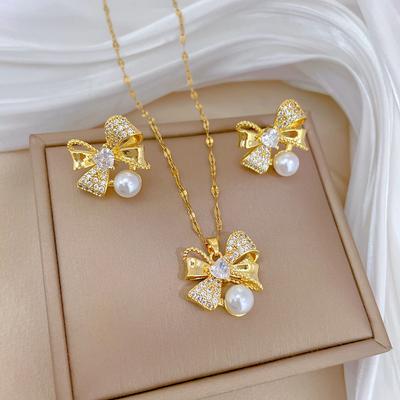 Necklace Earrings Set Light Luxury Full Diamond Bow Pearl Personality Temperament Banquet Earrings Necklace Group