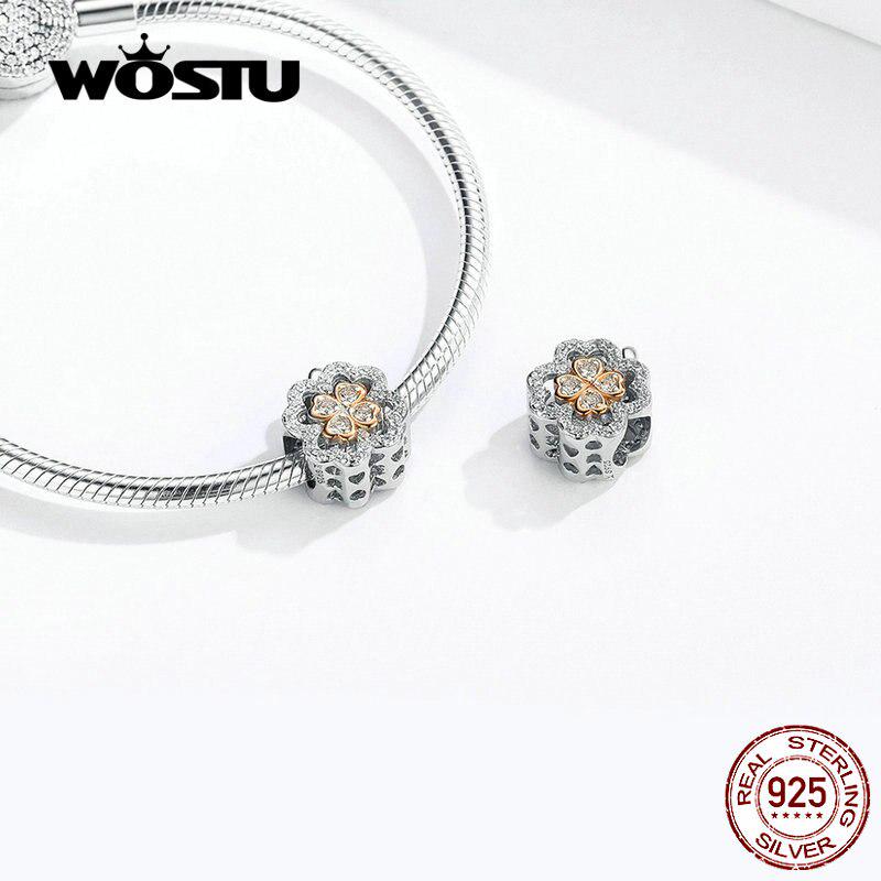 WOSTU Authentic 925 Sterling Silver Goods Luck Clover Beads Charm Fit Original Bracelet Bangle