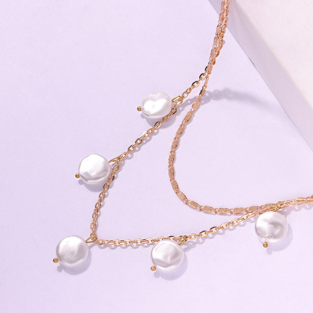 Fashion Round Cake Pearl Pendant Necklace Women, Temperament Simple Chain Multi-layer Item Decoration
