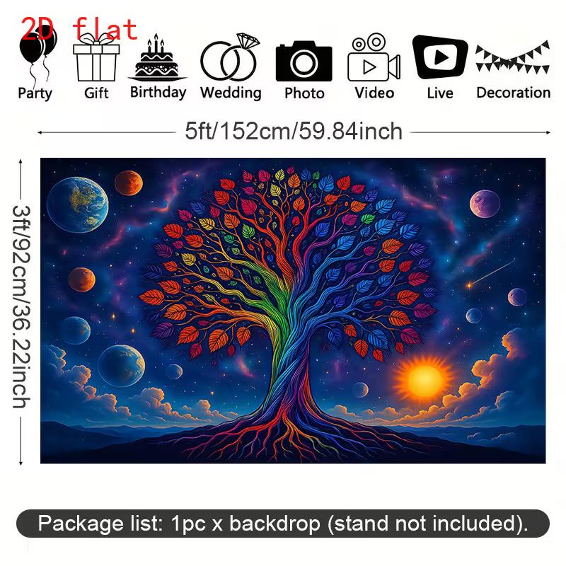 2D Meditation Photo Booth Backdrop with Colorful Tree of Life and Stars