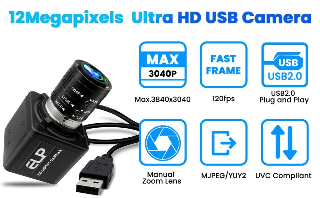 ELPCAM USB-kamera 4K 120fps 1080P Høyhastighets golfsvingkamera 12 megapiksel USB-webkamera med 3X manuell optisk zoomlinse PC-kamera Plug and Play Live