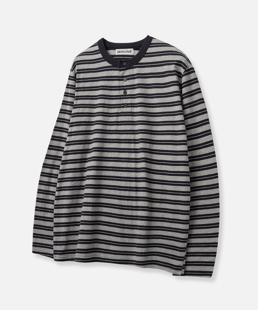 Dibellobeu Striped Henley Neck Long Sleeve_Navy