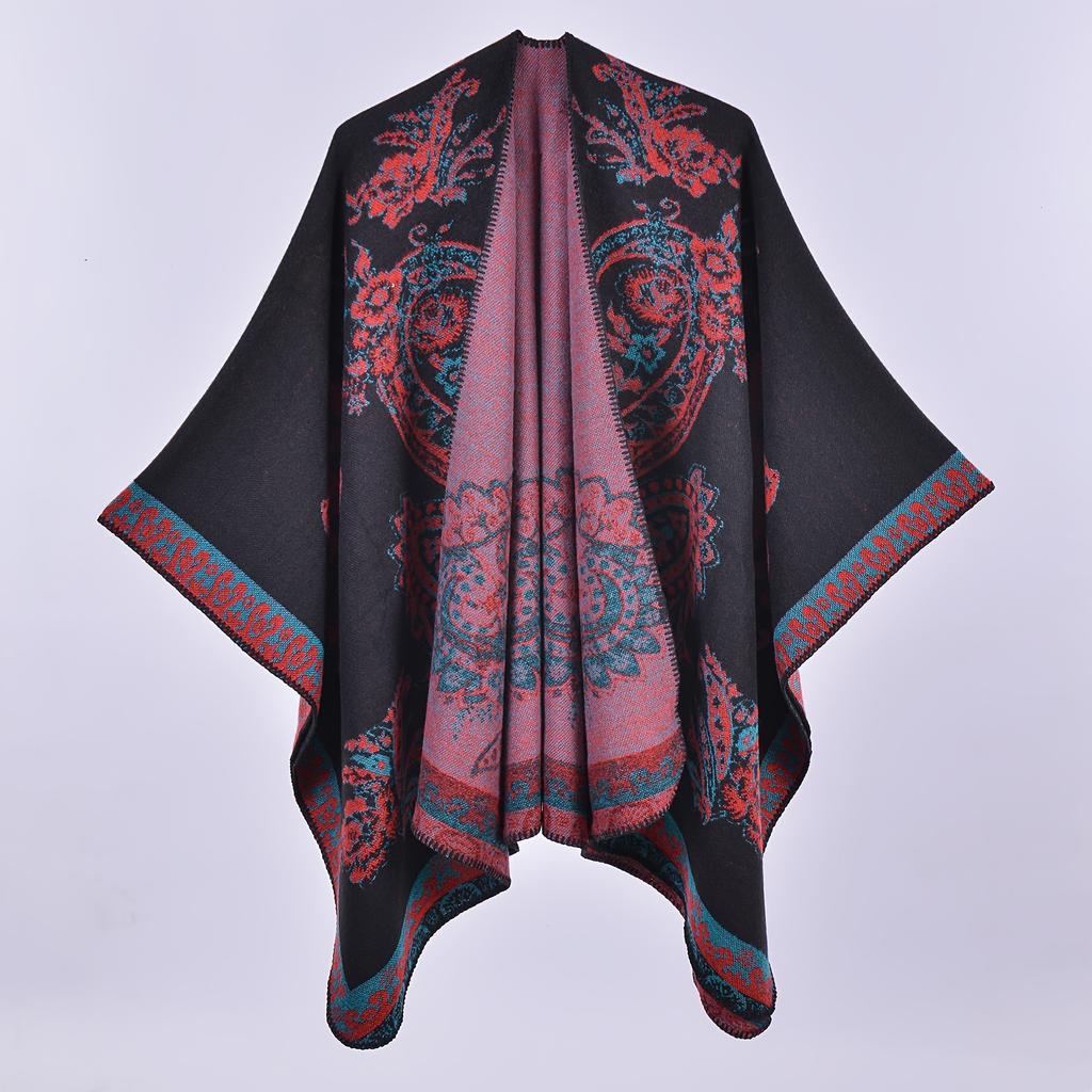 Foreign Trade Fashion Slit Imitation Cashmere Scarf Shawl European American Retro Cashew Flower Fork Warm Cloak Jacket