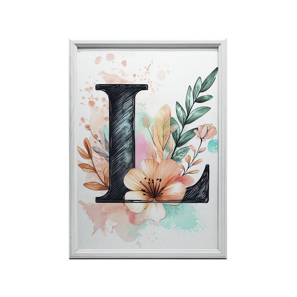 Plakat Litera "L" W Kwiatowej Kompozycji Plakat Litera "L" W Kwiatowej Kompozycji, 30X40 Cm, Rama Drewniana Ciemny Brąz, Papier Matowy 230 Gsm