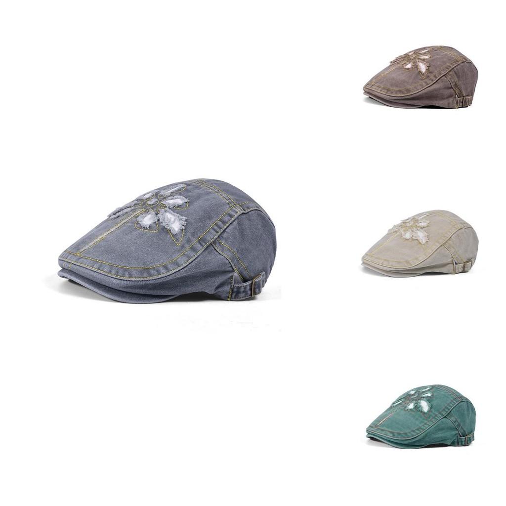 British Vintage Denim Beret With Floral Embellishments For Spring And Summer Fashion