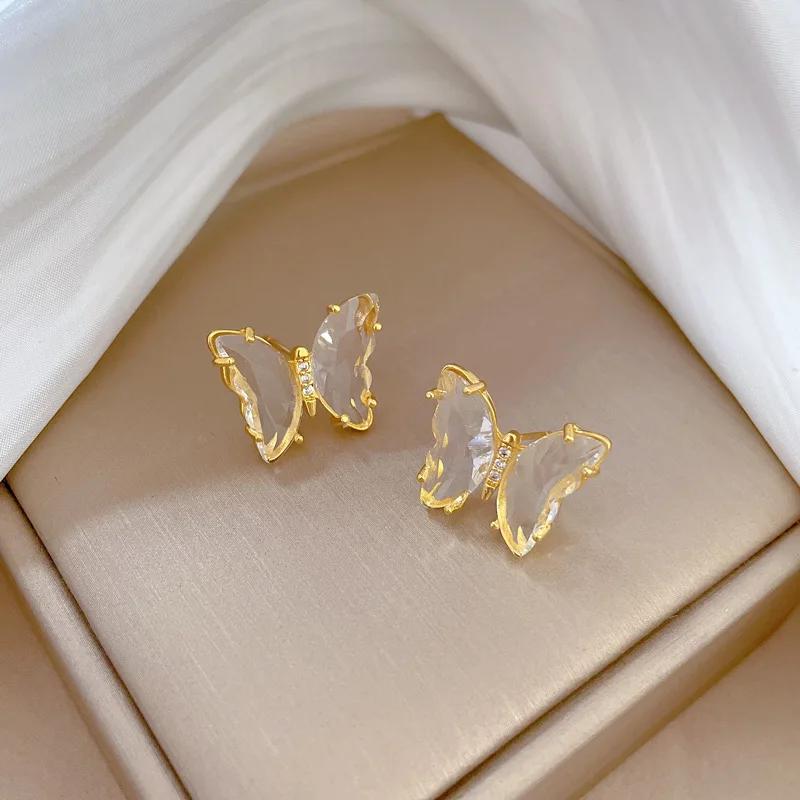 Crystal Glass Butterfly Stud Earring for Women Hole Green Transparent Animal Jewelry Christmas Girl Gift