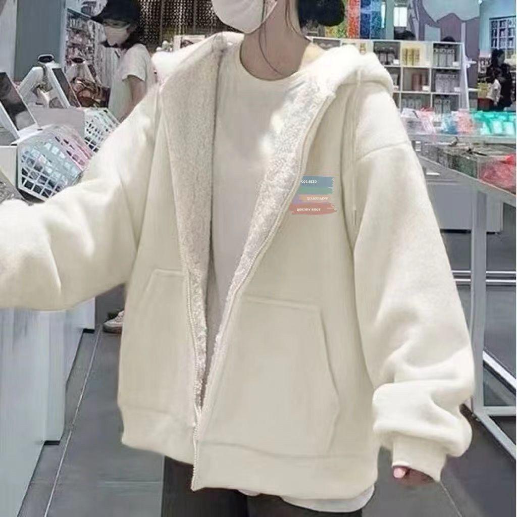 Women's Lambswool Hooded Sweatshirt - Winter 2025 Style, Plus Velvet, Thickened, Loose Cardigan, Trendy and Warm Outerwear for Students.