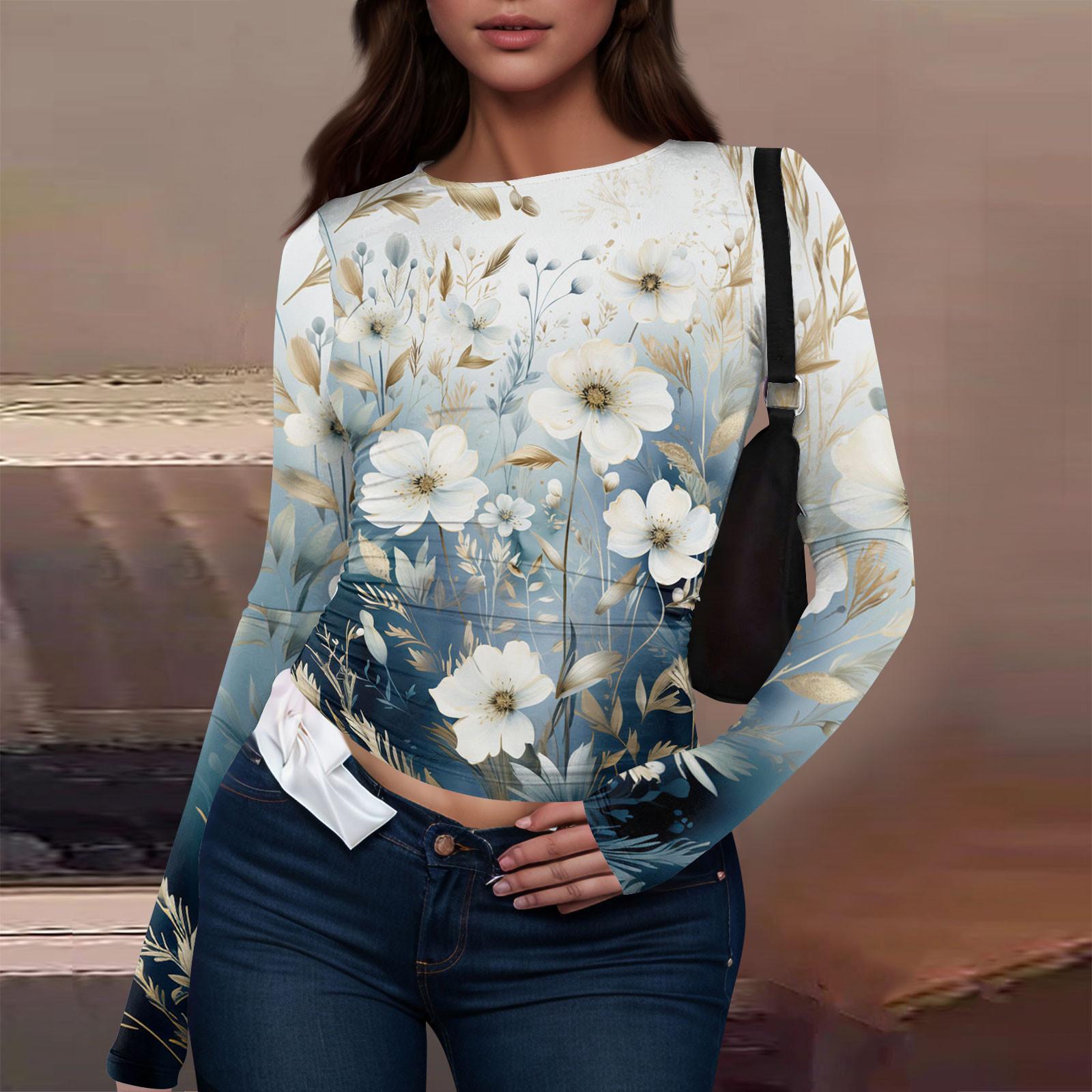 Женская модная повседневная футболка с круглым вырезом и длинным рукавом с принтом — фото 10