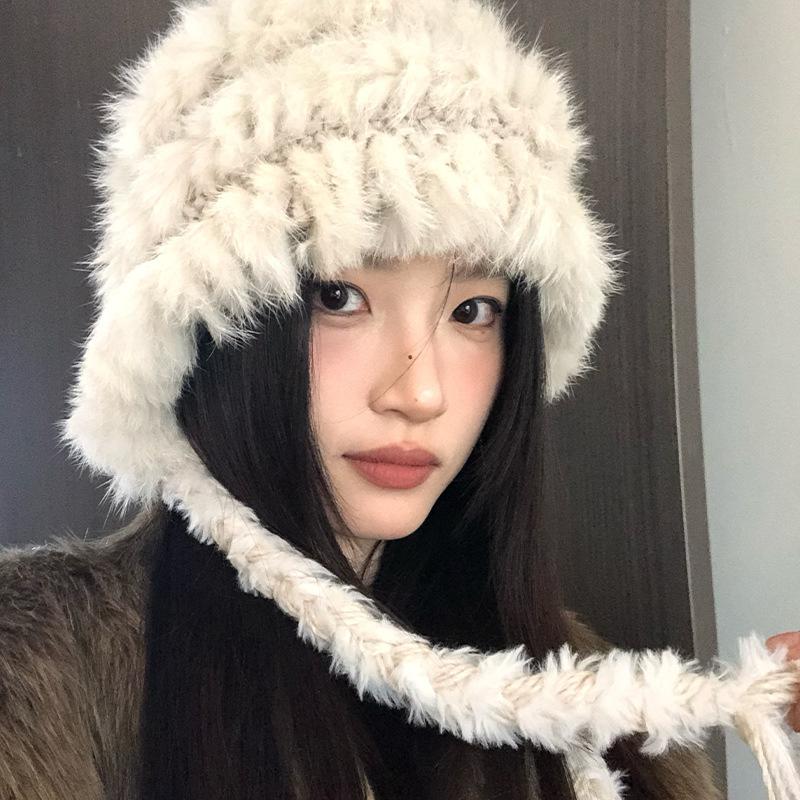 Rabbit Hair Blended Hat for Women In Autumn and Winter Thickened Warm Wool Hat Cold Protection Ears and Face Small Bag Head Hat Pullover Hat