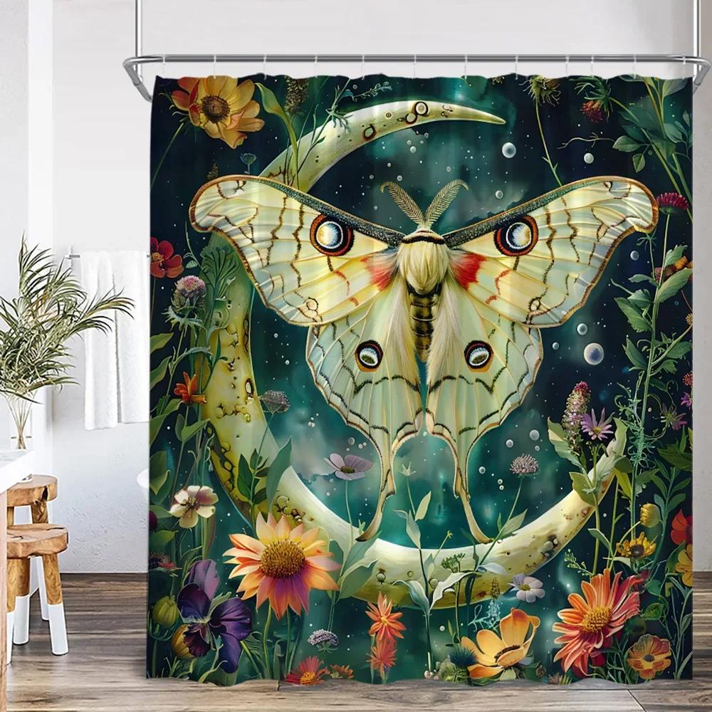 Vintage Butterfly Floral Shower Curtain Dragonfly Flower Moon Plant Skull Witch Magic Shower Curtain Bathtub Decoration
