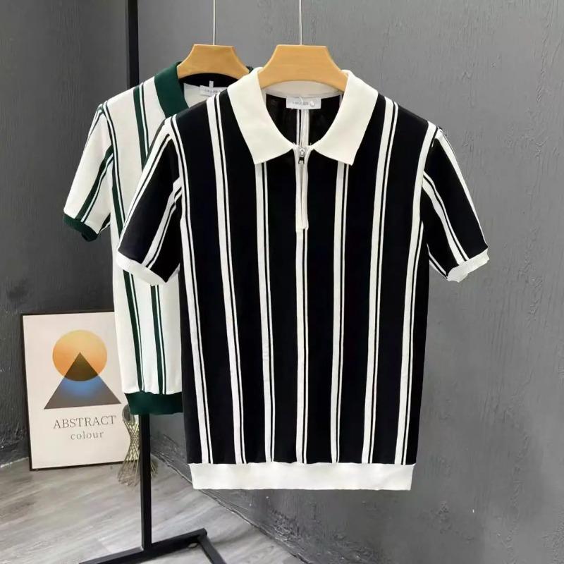 Summer Men's Knitting Stripe Short Sleeve T Shirt Men Casual Button Fashion Fashion Polo Shirt