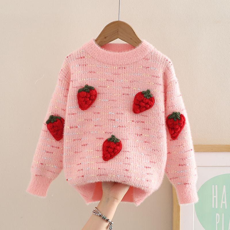 WTEMPO Schattige driedimensionale aardbeien pullover trui voor meisjes als basis winter gebreide top voor kinderen 150 roze