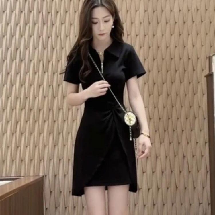 2026 Summer Korean Chic Zipper Polo Collar Irregular Short Sleeve Slimming Dress for Women