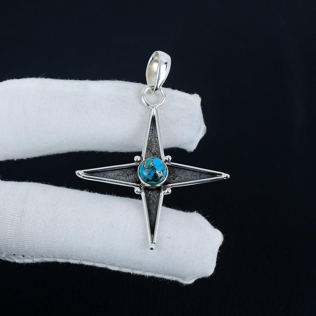 Blue Copper Turquoise Gemstone Silver Pendant In 925 Sterling Silver - Handmade Star Design, Everyday Wear Jewelry, Unique Designs Pendant Gift