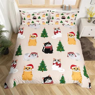 Lovely Cat Comforter Cover Merry Christmas Bedding Set Cute Animal Themed Duvet Cover King Microfiber Cartoon Kitten Pet Bed Set