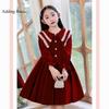 Sweet Velvet Dress for Girls, Red Velvet Princess Dress for Children Autumn and Winter