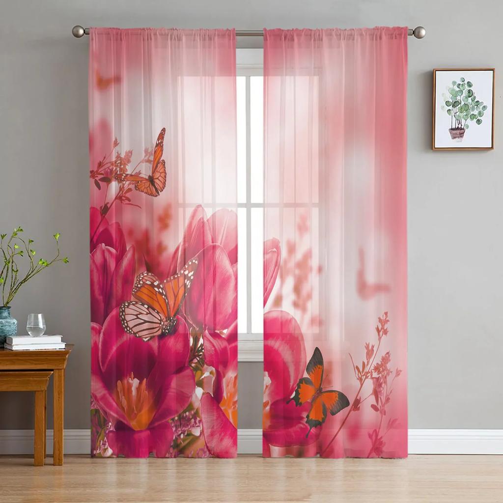 Pflanze Rote Blumen Blätter Retro Tüll Fenster Vorhänge Wohnzimmer Organza Sheer Voile Vorhang Schlafzimmer Küche Home Decor Drape